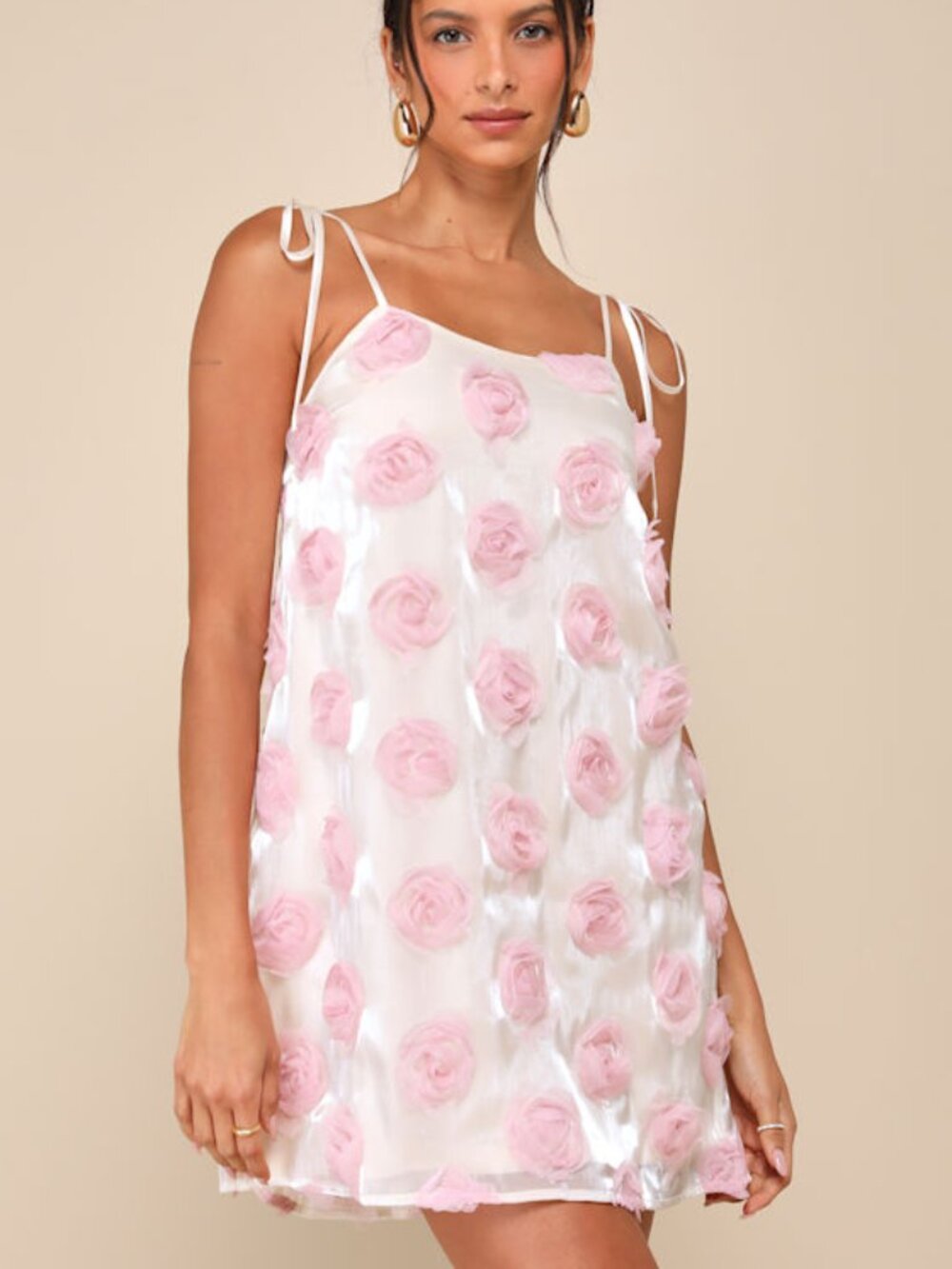 Lulus Luminous Glow Shiny Ivory Rosette Tie-strap Mini Dress White - Size L